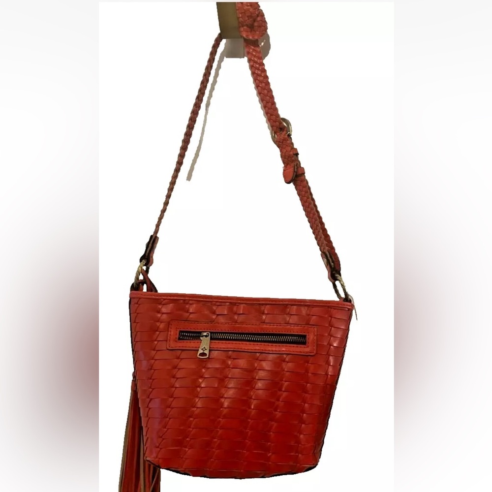 Patricia Nash Woven Leather Valbella Zip Crossbody Bag Bright Coral NWT - Picture 4 of 14